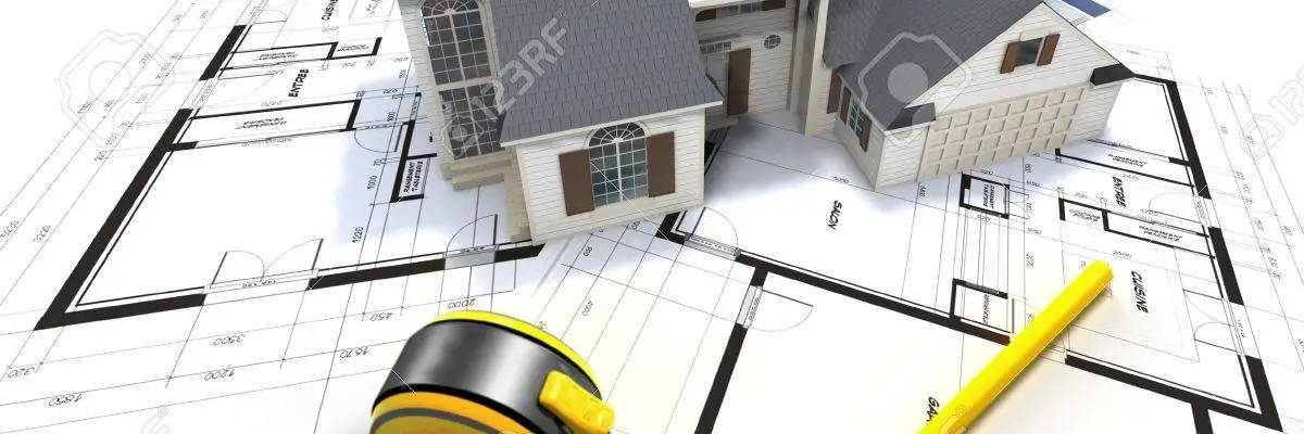 3d house model with 2d plans for house next to it